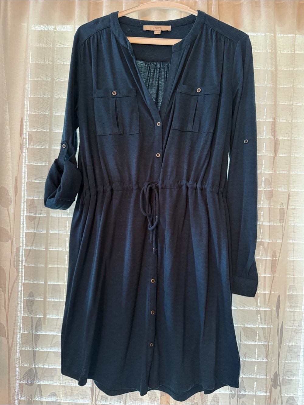 Loft Teal Button-Front Drawstring Shirt Dress